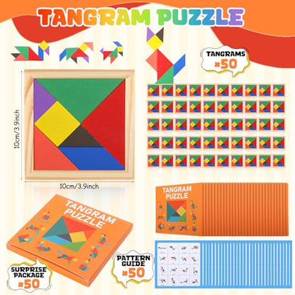 Dunzoom 50 Pack Wooden Tangram Puzzle for Kids, Bulk Party Favors and Classroom Rewards, Stem Learning Jigsaw Games, Educational Brain Teaser Toys, Goodie Stuffers for Ages 4-8 (Vibrant Bright) - color: Vibrant Bright