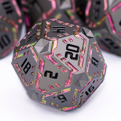 Metal DND Sci-fi Dice Set 7PCS Stripe Polyhedral Dice for Dungeons Dragons RPG Role Playing Game, Glitter D and D Dice with Gift Box D6 D8 D10 D12 D20 (Black&Purple Red) - color: Black - Red Purple