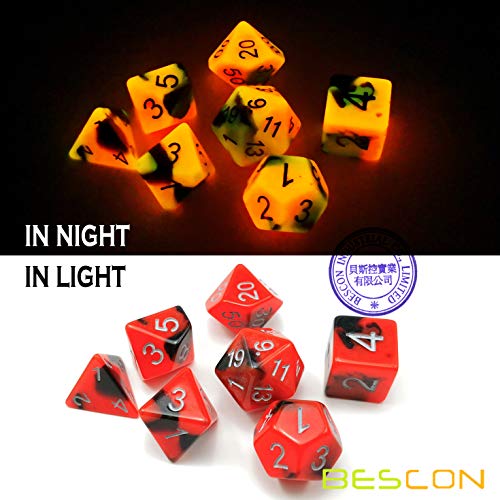 Bescon Two-Tone Glow-in-the-Dark Polyhedral Dice Set HOT Rocks, Luminous RPG Dice Set d4 d6 d8 d10 d12 d20 d% Brick Box Pack - color: Hot Rocks