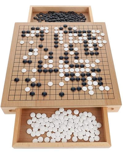 WE Games Go Game Set 12 Inch - Traditional Go Set with Pull-Out Storage Drawers, Portable Wood Veneer Goban, Strategy Board Games for Adults, Go Board Game