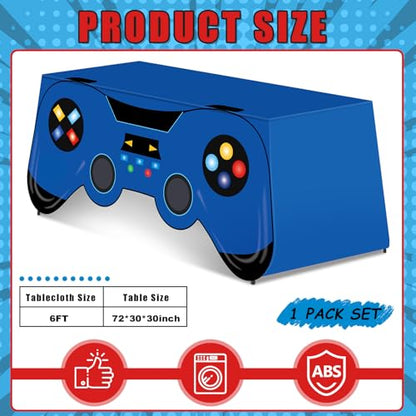 6 Ft Video Game Tablecloth Birthday Party Decoration Blue Gaming Controller Shaped Table Cover Game Pad Table Covers Protector Washable Polyester Party Supplies for Gamer Player Birthday Decoration