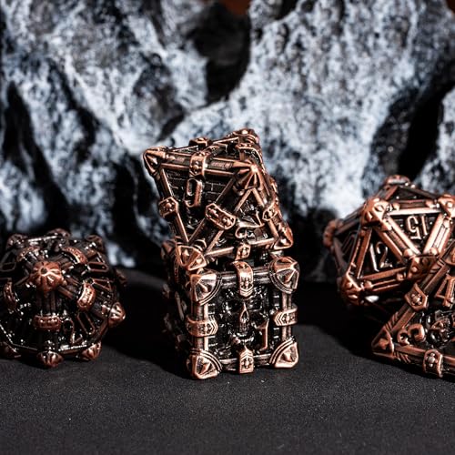 Metal Skull Dice Set with Skull Bag,7PCS Polyhedral Metal Dice Set for DND Role Playing Games(Ancient Red Copper) - color: Skull Ancient Red Copper