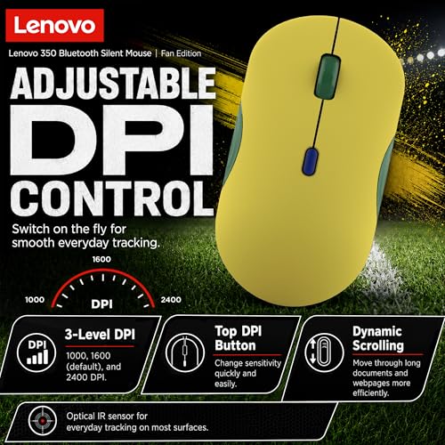 Lenovo 350 Bluetooth Silent Mouse (Fan Edition), Wireless Ergonomic Ambidextrous Design, Bluetooth 5.3, Adjustable DPI up to 2400, 36 Month Battery Life, Recycled Materials, Brazil Flag - color: Brazil Flag