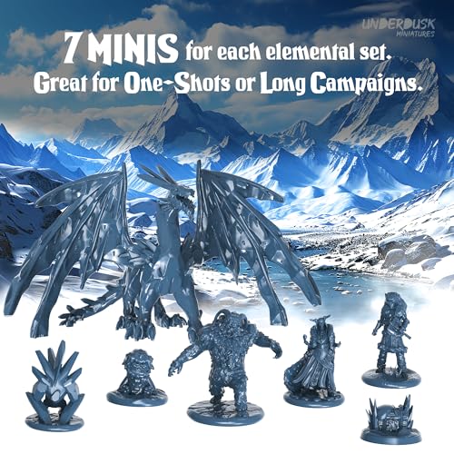 Underdusk Elemental Encounters: 35 DND Miniatures for D&D Campaign – Fire, Ice, Water, Air & Earth Figures with 5 Treasure Chests, 28mm Unpainted Tabletop Minis, 5e Stat Blocks Included