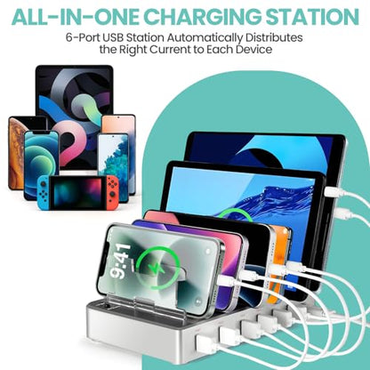 300W Fast Charging Station for Multiple Devices, 6 Port USB Charging Hub, Universal Desktop Charger Organizer Compatible with iPhone iPad Android Phones Tablets Kindle Home Office Travel