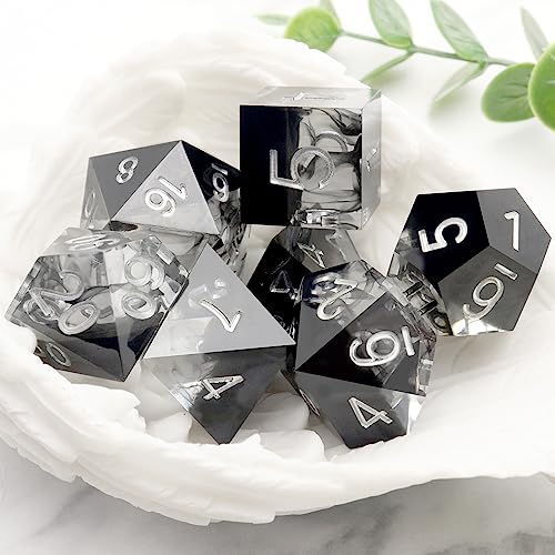 Haxtec Sharp Edge DND Dice Set, Black Swirls Resin Polyhedral RPG Dice | D&D Dice for Role Playing Games, Compatible with Dungeons and Dragons, Handmade 7-Die with Metal Case, TTRPG Gifts - color: Black Silver