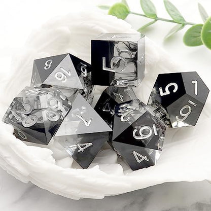 Haxtec Sharp Edge DND Dice Set, Black Swirls Resin Polyhedral RPG Dice | D&D Dice for Role Playing Games, Compatible with Dungeons and Dragons, Handmade 7-Die with Metal Case, TTRPG Gifts - color: Black Silver