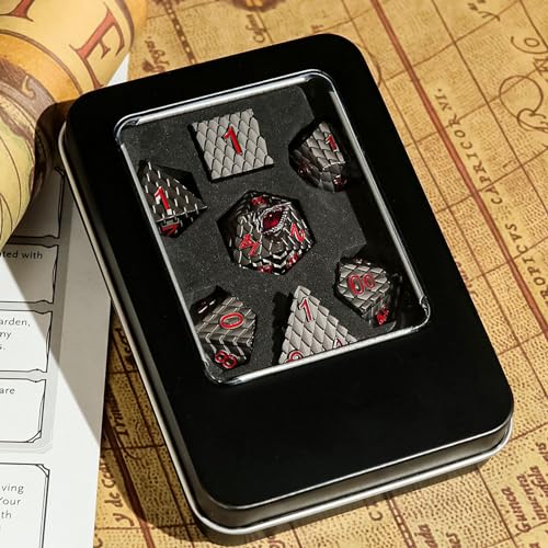 Dragon Eye Metal Dice Set - 7 Pcs Dragon Scale Metallic Dice, Gift Box for Dungeons & Dragons Tabletop Game (Black Dragon Scale & Red Eye) - color: Black Dragon Scale & Red Eye