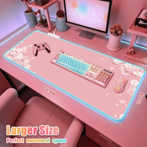 Japanese Sakura RGB Mouse Pad for Gaming I Large Mousepad with 14 Led Modes I Keyboard Pad Gaming Desk Mat I Non-Slip Rubber Base Mouse Mat I 900x400x4mm Waterproof Mousepad I Pink Cherry Blossom - color: Pink Cherry Blossom