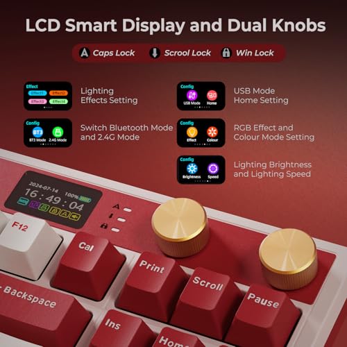 RK ROYAL KLUDGE M87 Wireless Gaming Keyboard with Screen & Dual Knobs, Red | Bluetooth/2.4G/Wired, Hot Swappable Cream Switches, 5-Layer Noise Dampening Gasket Structure,Compact 75% Size for PC/WIN/Mac - color: Red