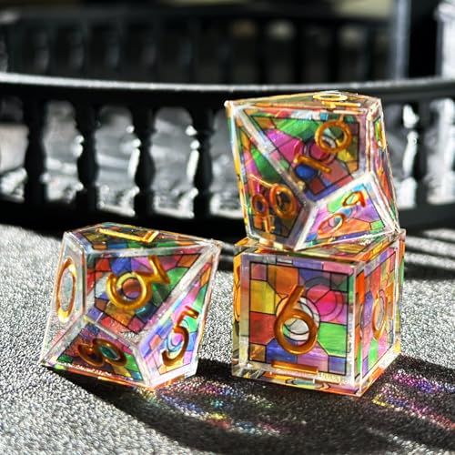 HAOMEJA Double Layered Resin Dice Set 7pcs/ Stained Glass Effect & Gold Numbers/Sharp Edged Polyhedral Dice/Apply to D&D/DND/Role Playing Game/RPG/Party Gift (Rainbow) - color: 3 Rainbow