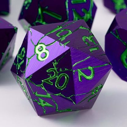 Metal Dice for DND - Ancient Cracked Pharaoh Ruins – Purple Green Cracks | Beautiful 7pc Polyhedral Dice Set, Smooth Rolling, Role Playing Games (RPG), Compatible with D&D, for Dungeons and Dragons - color: Purple With Green Cracks