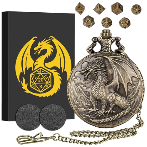 Mini DND Dice Set with Steampunk Dragon Pocket Watch Case, Tiny 7-Piece Polyhedral Metal D&D Dice, DND Gifts with Gift Box for DND Lovers, Role Playing Game Board Game Accessories Dice, Bronze - color: Bronze