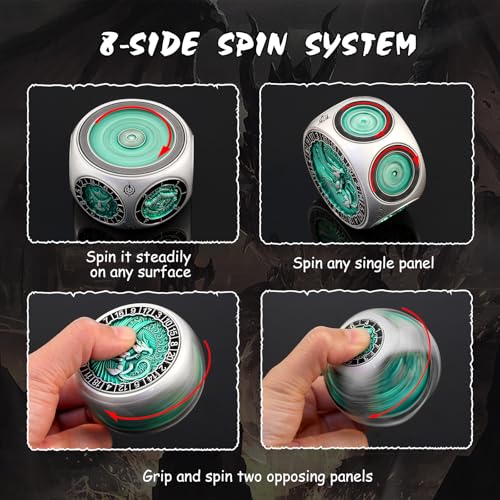 DNDND Unique Spinner D&D Dice, 8-in-1 Hexagonal Metal Dice with Dual D20 Monster Themed Dice Set for DND Dungeons and Dragons, Dungeon Masters with Collectible Gift Tin (Silver with Green) - color: Silver Green