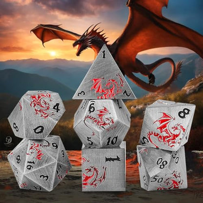 Metal Dice Set, Flat Face Design Dragon Pattern, 7pcs Polyhedral Metal DND Dice Set, DND Starter Set, D&D Gifts with Gift Box, Role Playing Board Games Accessories, Silver - color: Silver