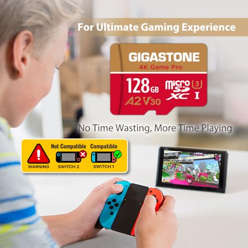 【For Switch 1 Only】GIGASTONE 128GB Micro SD Card, 4K Game Pro, MicroSDXC Memory Card for Gaming Console, Action Camera, UHD Video, up to 100/50MB/s, UHS-I U3 A2 V30 C10【5-Years Data Recovery】 - size: 128GB, style: Game Pro 1-Pack Red-Gold