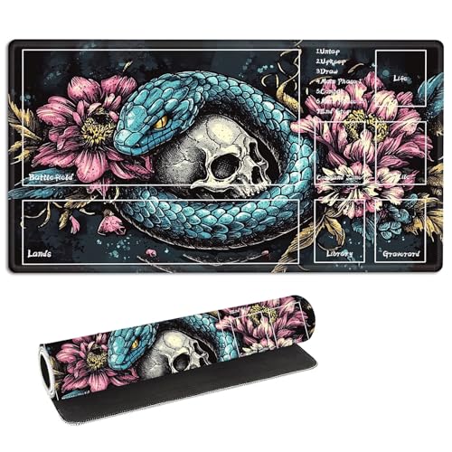 for MTG Playmat with Zones Storage Bag, for TCG Playmat and Playing Card Mat for Magic Board Games, Snake Skull Non-Slip Stitched Edges Game Mat, Rollable Foldable Card Playmats - color: Snake Skull, size: With Zone 27.55''x15.75''