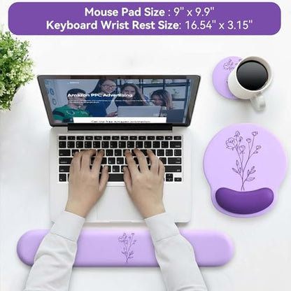 Mouse Pad with Keyboard Wrist Rest,Ergonomic Mouse Pad Wrist Support PU Base with Coaster,Mousepad with Nonslip Base for Computer Laptop Keyboard Home&Office - color: N-Purple Plants