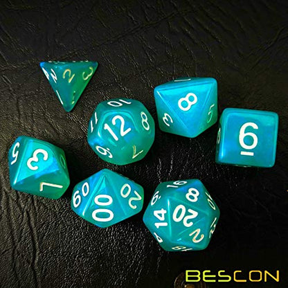 Bescon Moonstone Dice Set Turquoise, Bescon Polyhedral RPG Dice Set Moonstone Effect - color: Turquoise