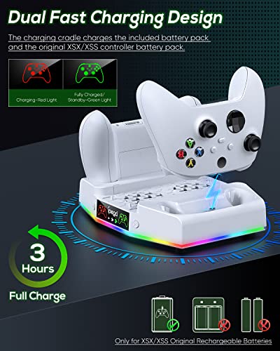 Cooling Stand & Charge Station for Xbox Series S with RGB Light Strip,White | Dual Controller Charger & Cooler Fan for XSS Console Accessories with 2*1400mAH Rechargeable Battery Pack,1*Headphone Hook - color: White
