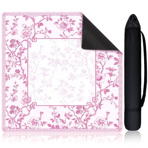 Chinoiserie Mahjong Mat with 1 Carrying Bag 31.5" x 31.5" Pink and White Rubber Anti Slip and Noise Reduction Multi Purpose Game Table Cover for Card, Board Tile Games - color: Pink