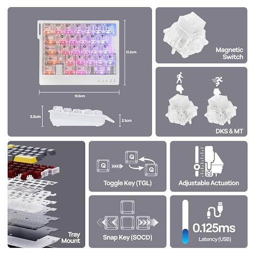 MechLands AJAZZ AK029 One Handed Gaming Keyboard, 8Khz Polling, 29 Keys Rapid Fast Wired Keyboard, SOCD & DKS, Magnetic Switch, Adjustable Actuation, RGB Backlits, Aluminum Plate (White Transparent) - color: White Transparent