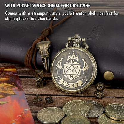 CZYY Mini Metal Polyhedral Dice Set, 6 mm Dice with Watch Shell Case | 7 Micro Metal Dice, Zinc Alloy, Pocket Watch Shell Case, RPG Gift, For Travel Games, Desk Displays & Dice Collections