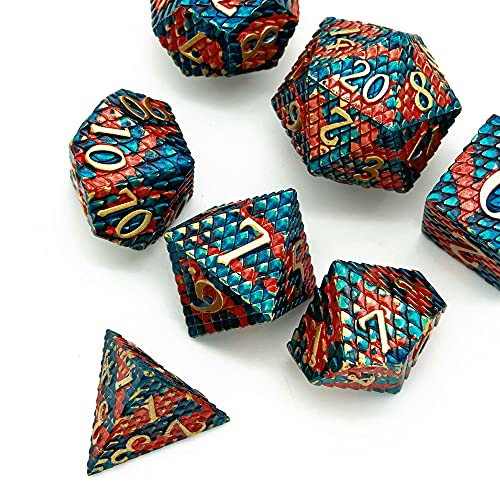 UDIXI Metal Dice Set, Dragon Scale D&D Metal DND Dice with Dice Box for Role Playing Games and Other Tabletop Game (Blue with Orange) - color: Dragon Scale-orange and Blue