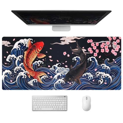 Extended Koi Fish Desk Mat, XXL Large Gaming Mouse Pad, Japanese Great Wave Sakura Stitched Edges Waterproof with Non-Slip Rubber Base for Computer Keyboard Laptop Work Home Office 35.4"x15.7" - color: Koi Fish, size: 35.4" x 15.7"