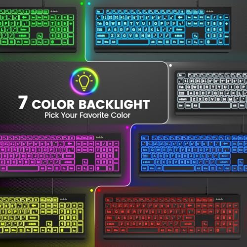 SABLUTE K11PRO Large Print Backlit Keyboard, 3X Larger Font Wired USB Lighted Computer Keyboard with 7-Color LED Illuminated Keys, Desktop Workstation Keyboard Compatible for PC Laptop Windows - color: Classic Black
