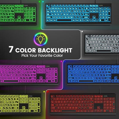 SABLUTE K11PRO Large Print Backlit Keyboard, 3X Larger Font Wired USB Lighted Computer Keyboard with 7-Color LED Illuminated Keys, Desktop Workstation Keyboard Compatible for PC Laptop Windows - color: Classic Black