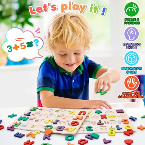 Attmu Wooden Puzzles for Toddlers, 2 Pcs Alphabet Puzzle ABC Shape Number Puzzle Patterns, Learning Toys for Kids, Preschool Educational Activities Toddler Gift Toys for Girls Boys Christmas Easter - size: 2 Pack