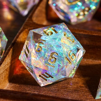 Cusdie Sharp Edges DND Dice, 7 PCs D&D Dice, Handcrafted Polyhedral Dice Set, for Dungeons and Dragon Role Playing Game(Transparent w/White Sparkle) - color: Transparent W/White Sparkle