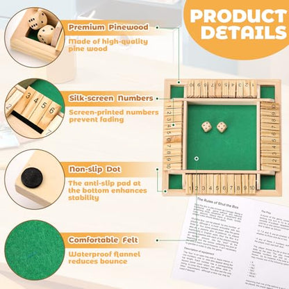 Shut the Box Game, 8.74in 2dice for 1-4 Players Educational Math Game | Family Games for Kids and Adults Classic, 10 Tiles, Wood-tone Wooden Board Games for Stem Learning, Travel, Gatherings - size: 8.74 * 8.74 * 1.38in