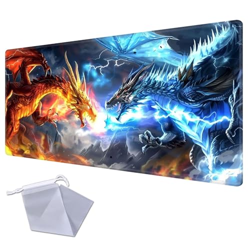 Large Gaming Playmat Compatible with MTG, Seamless Card Game Mat with Stitched Edges, 27.6 x 15.7 in Natural Rubber Desk Pad with Transparent Drawstring Bag, Dragons Gather for Twin Dragon Battle - color: Dragons Gather for Twin Dragon Battle, size: 28"X1