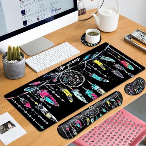 Large Gaming Mouse Pad+ Keyboard Wrist Rest Set, Ergonomics Memory Foam Mouse Mat Wrist Rest Support for Home Office, Waterproof Extended Mousepad 31.5x11.8in, Dream Catcher Black Desk Pad - color: Yvb-mousepad-9-f-167