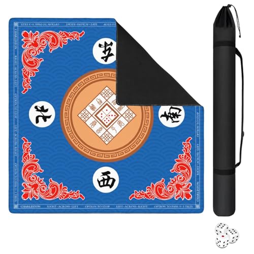 Mahjong Mat for Table with Carrying Bag & 3 Dice, Blue 31.5"x31.5" Square Rubber Mahjong Table Cover, Non-Slip & Noise Reduction Gaming Mat for Mah Jongg, Poker, Dominoes & Tile Games - color: Bright Blue