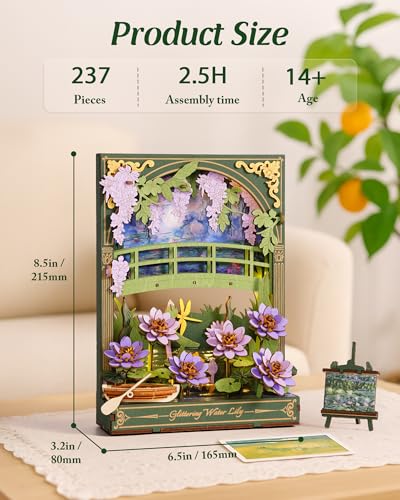 3D Wooden Puzzles for Adults Monet Water Lily DIY Model Building Kits with LED Light - Home Decor, Wall Art & Unique Creative Gifts for Art Lovers/Men/Women - style: Water Lily