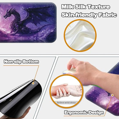 Desk Pad, Large Game Mouse Pad + Small Mouse Pad + Wrist Rest,Ergonomic Mouse Pad,Table Mat with Stitched Edge,Anti-Slip,Memory Foam Desk Mat for Home Office Gaming(23.6×11.8in),Purple Dragon - color: Purple Dragon