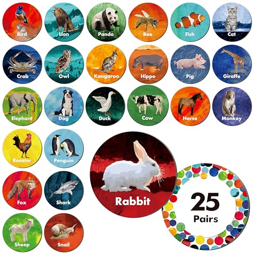 Hebayy Realistic Animal Matching Game, 50 PCS Round Animal Memory Matching Cards for Toddlers 25 Pairs Real Animal Memory Cards Educational Toys for Preschool Boys & Girls 4 5 6 Years Old - style: Real Animals-C（Round 3 inch）