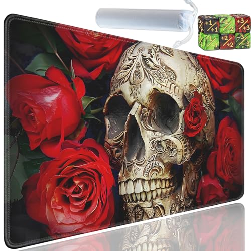 Playmat for MTG, 24x14 Inches Playmats, for TCG and CCG Trading Card Game Mat, Non-Slip Rubber for MTG Playmats with A Storage Bag and 6 Dice Set, Rose Skull Pattern - color: Yu-Playmat-1-A24