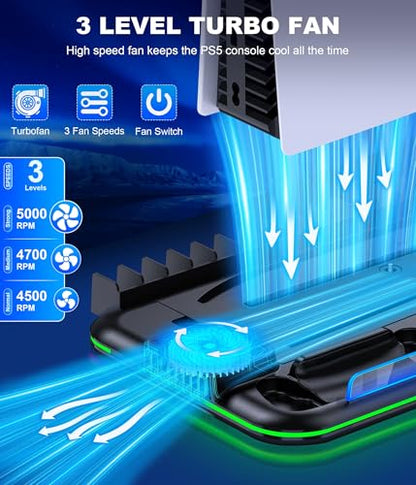 PS5/PS5 Slim Stand and Cooling Station with Controller Charging Station for Playsation 5, PS5 Accessories Kit Incl. 3 Levels Cooling Fan, LED, 15 Game Slot, Headset Holder for PS5 Digital/Disc Console - size: S-for PS5/Slim