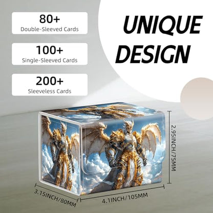 Trading Card Storage Box, Holds 100+ for MTG Cards, PU Leather with Magnetic Closure, Golden Winged Knight in Sky Fantasy Durable Deck Box for Magic the Gathering, Trading Card Games - color: Golden Winged Knight in Sky Fantasy