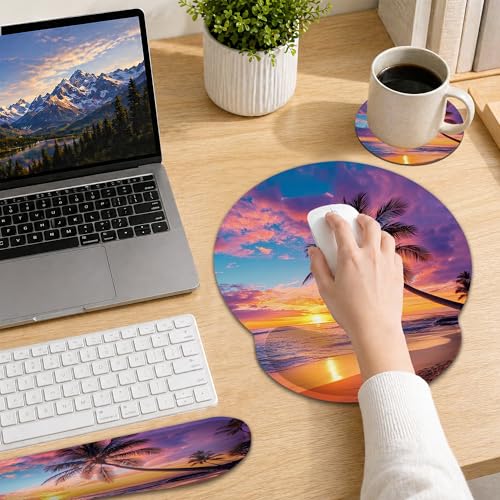 Tropical Palm Keyboard Wrist Rest Pad Ergonomic Mouse Pad Set,Sunset Trees Sea Beach 3 in 1 Memory Foam Mouse Pad with Non Slip Base for Office and Home - color: Tropical Palm Sunset Trees Sea Beach