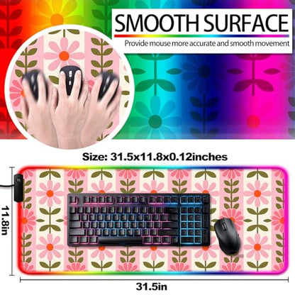 RGB Pretty Pink Flowers Gaming Desk Mat, Computer Keyboard Large Extended Long Floral LED Mouse Pad for Office and Home, XL (W11) - color: Rgb-w11