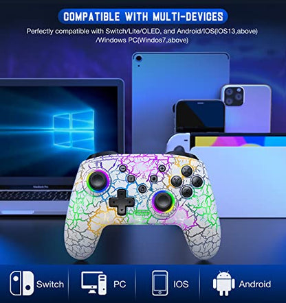 Gammeefy Switch Controller, Wireless Switch Pro Controller for Nintendo Switch/Lite/OLED, 9 Color Adjustable LED Switch Remote Compatible with PC/Android/IOS with Programmable Function (White) - color: White