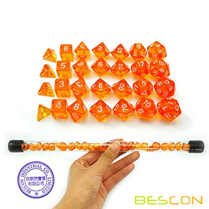 Bescon 28pcs Translucent Orange Mini Polyhedral Dice Set in Tube, Small Role Playing Polyhedral Dice 4X7pcs,Mini Gem Dice Set - color: 4x7 28pcs Gem Orange Tube