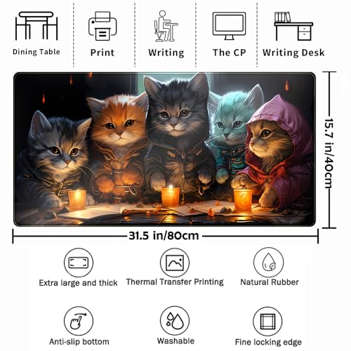 Commander Roleplay Desk Pad Mat Role Gaming XXL Big Mouse Pad Gaming Tabletop Game Gamer Gift - Mousepad XXL Laptop Computer Keyboard Pad with Stitched Edges Anti-Slip Funny Deskpad 31.5x15.7 in - color: Five Cats