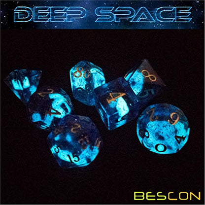 Bescon Super Glow in The Dark Glitter Polyhedral Dice Set DEEP Space, Luminous RPG Dice Set,Glowing Novelty DND Game Dice Set, Novelty DND Game Dice d4 d6 d8 d10 d12 d20 d% in Brick Box - color: Deep Space