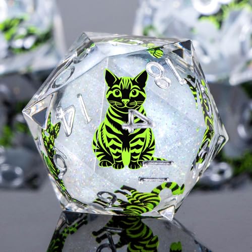 KERWELLSI Cat Liquid Core DND Dice Set with Gift Box, 7Pcs Resin Dungeons Sharp Edge D&D Dice, Dragons D and D Role Playing Dice D20 D12 D10 D8 D6 D4, White and Green Cat - color: White and Green Cat